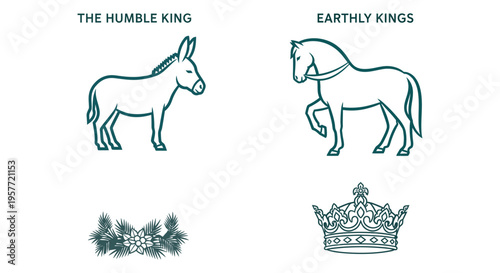 Palm Sunday vector symbolism icon sheet donkey horse with palm branch crown humble king earthly kings religious observance easter season line art graphic design asset EPS AI SVG