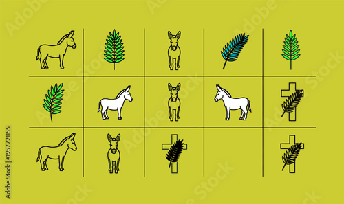 Palm Sunday vector pattern icon sheet donkeys palm leaves crosses religious holiday designs church celebration holy week graphic design asset editable commercial printable art