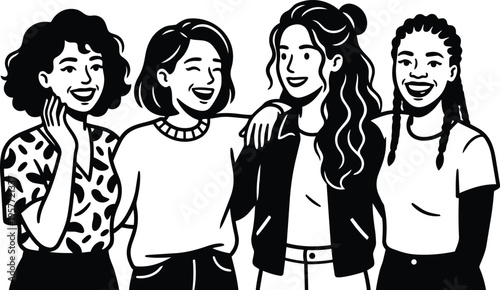 Black and white line art four women friends laughing with arm around shoulder in casual clothing