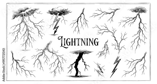 Collection of vintage lightning bolt illustrations with clouds and text