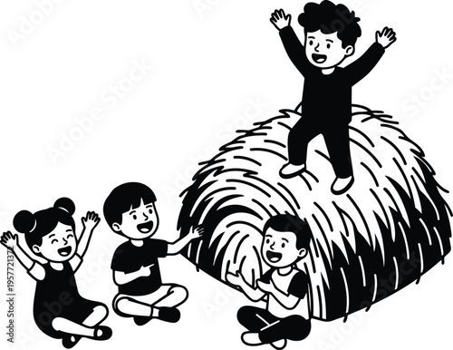 Line art children playing on haystack with one boy standing arms raised in black and white