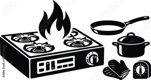 Black and white line art gas stove with flame frying pan pot oven mitts and timer