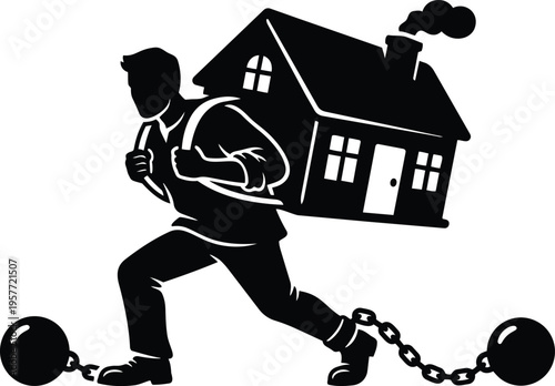 Silhouette man carrying house on backpack with chimney and ball and chain