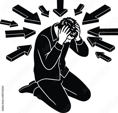 Black and white linework man kneeling with hands on head and arrows indicating pressure