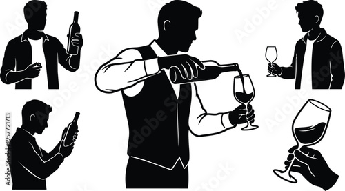 Line art sommelier pouring wine into glass in vest side profile black and white