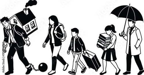 Black and white line art family carrying house ball and chain luggage and books