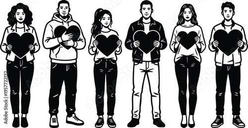 Six diverse young people holding black hearts front view full length line art vector for valentines day