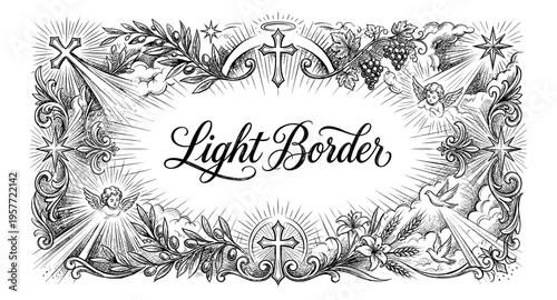 Elegant religious border design with crosses, angels, and stars