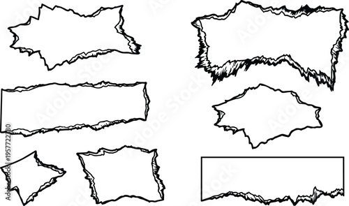 Hand drawn torn paper edges eight irregular frames line art vector black and white