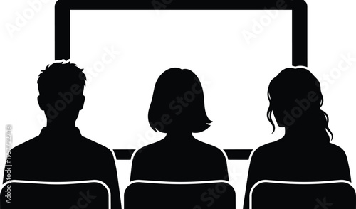 Three black silhouettes seated in row facing blank screen vector illustration black and white