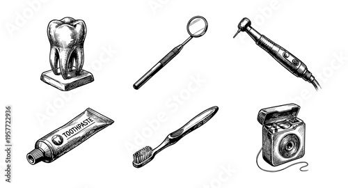 Collection of dental hygiene tools and a tooth illustration in sketch style