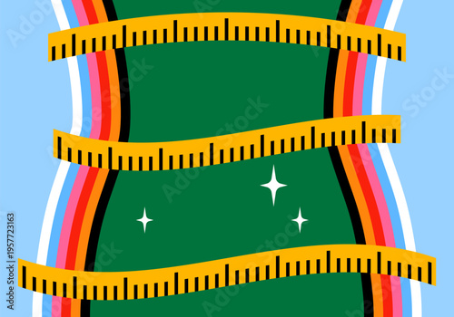 Yellow measure tape wraps around woman. Healthy eating and food weight loss. Obese person losing weight with measuring tape. Body figure and tape measure