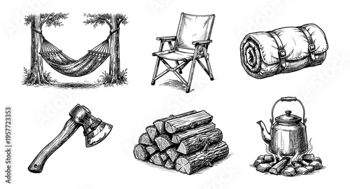 Collection of hand-drawn camping essentials including a hammock, chair, sleeping bag, axe, firewood, and kettle
