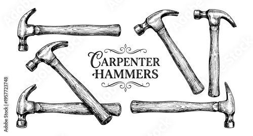 Collection of vintage carpenter hammers with wooden handles, hand-drawn illustration