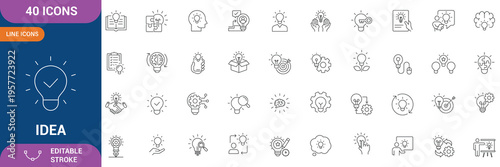 Idea icon set. Containing Creative idea, brainstorming, solution, thinking, innovation, inspiration, creativity, problem solving, strategy and etc. Line Icon. Editable stroke. Vector file.