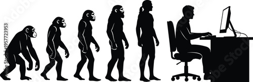 Web"Black silhouette illustration of human evolution stages from ape to modern office worker at computer, humorous vector design symbolizing technology, progress, and lifestyle transformation"