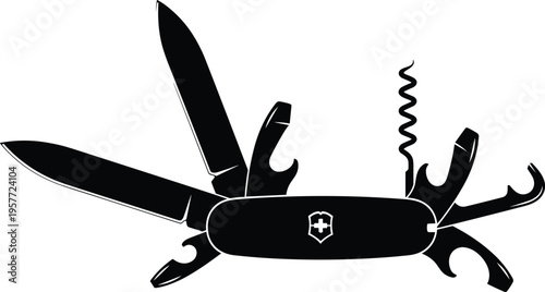 Web"Black silhouette of Swiss Army knife with multiple extended tools including blades, corkscrew, openers, and screwdriver, vector icon symbolizing multifunctional equipment, repair,