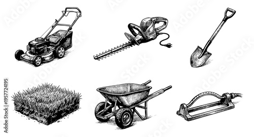 Collection of hand-drawn gardening tools and equipment for yard work