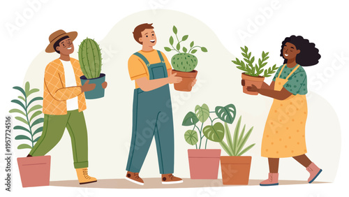Three people of different ethnicities carrying potted plants in a colorful illustration