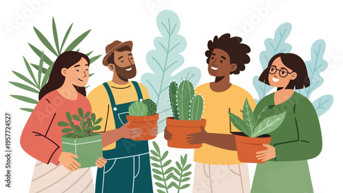 Four diverse people holding potted plants and smiling at each other in a friendly and approachable way