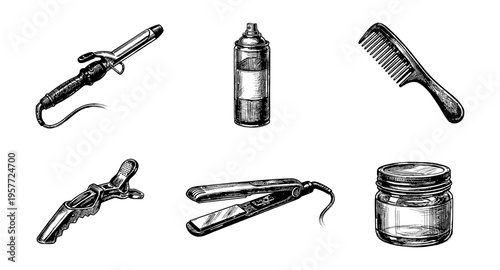 Collection of vintage hair styling tools and products in a sketch style