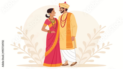 A cartoon illustration of a smiling Indian couple dressed in traditional attire standing together.