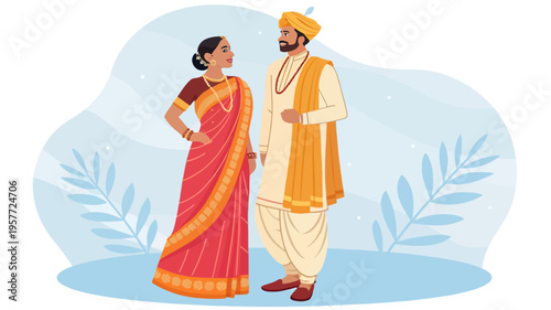 A cartoon illustration of a smiling Indian couple dressed in traditional clothing standing together in a serene environment.