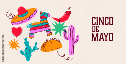Cinco de Mayo Mexican holiday celebration background with hand-drawn decorative elements, symbols and icons