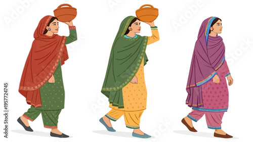 Three women in traditional Indian clothing walking with pots on their heads