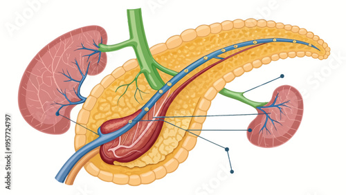 A detailed illustration of the human kidney anatomy with labeled components and blood vessels.