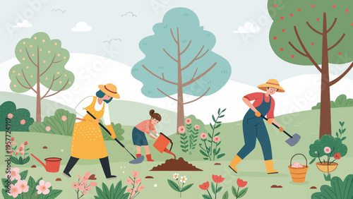 Three people gardening together in a beautiful outdoor setting with flowers and trees