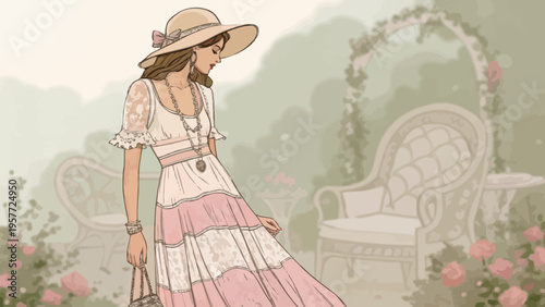 A woman in a beautiful white and pink dress and hat stands in a serene garden with flowers and wicker furniture