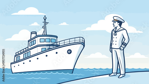 A cartoon sailor stands proudly on the shore next to a large white ship in calm blue waters under a serene sky with fluffy clouds.