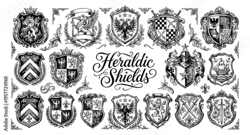 Collection of intricate hand-drawn heraldic shields and crests in vintage style