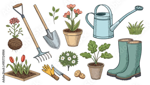 A collection of gardening tools and plants on a white background