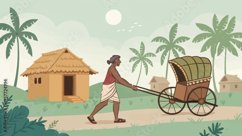 A man in traditional clothing pulls a cart through a rural village with palm trees and huts