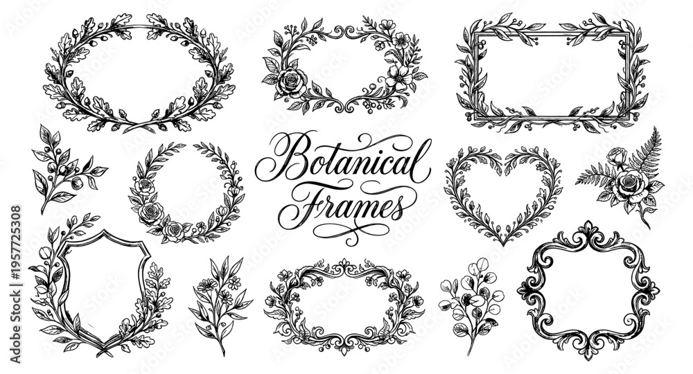 Obraz premium Collection of hand-drawn botanical frames and floral elements for design