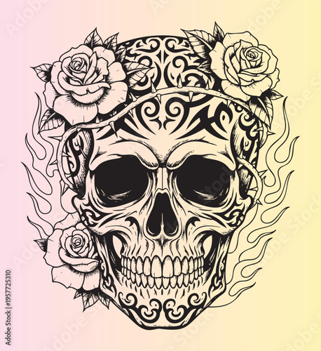 Decorative sugar skull with roses and ornate patterns illustration
