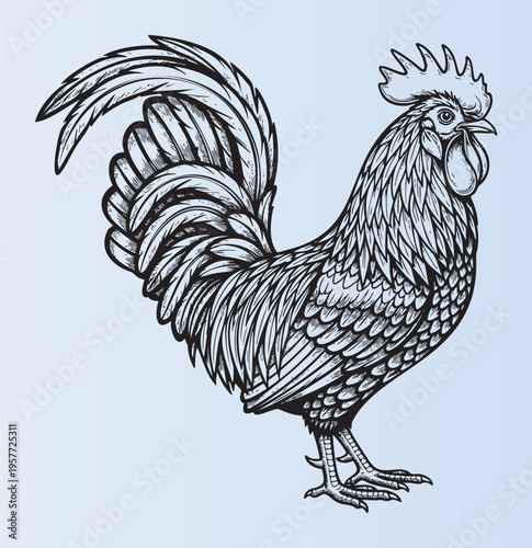 Detailed illustration of a rooster with elaborate feathers standing proudly