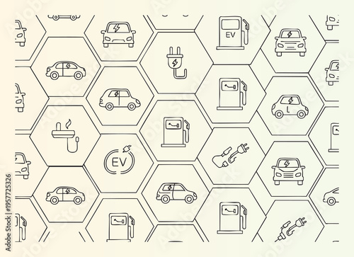 Electric and fuel vehicle charging icons in hexagonal pattern