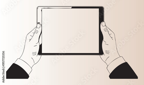 Hands holding a blank digital tablet in landscape orientation