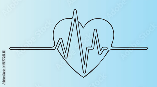 Heartbeat and heart shape line art illustration in minimalist style
