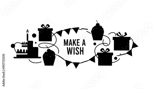 Birthday banner design with cake cupcakes gifts and make a wish text vector illustration