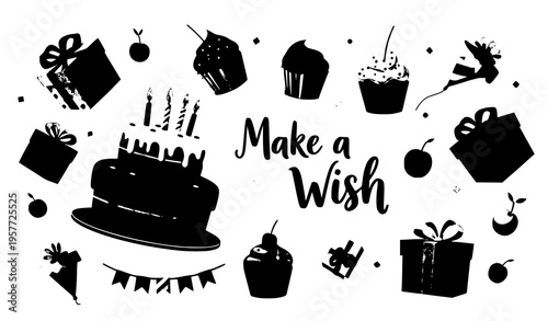 Birthday celebration collection with cake cupcakes gifts and make a wish lettering vector