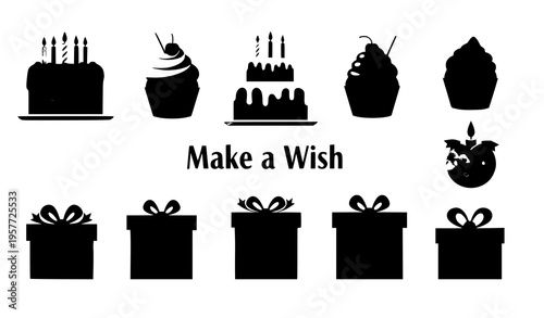 Birthday party icon set with cake cupcakes gifts and make a wish text vector