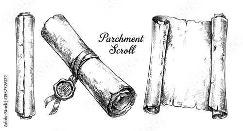 Vintage parchment scrolls with wax seal and ribbon, hand-drawn illustration