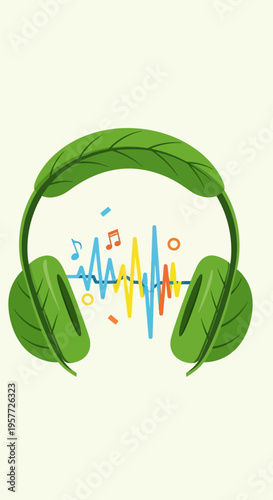 Green Leaf Headphones Music Concept.