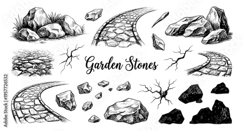 Collection of hand-drawn garden stones and pathways in sketch style