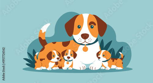 Beagle Dog and Puppies Family.