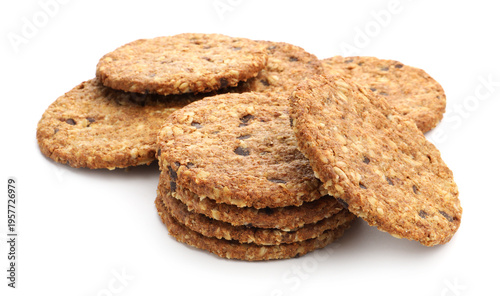 Many tasty oatmeal cookies isolated on white